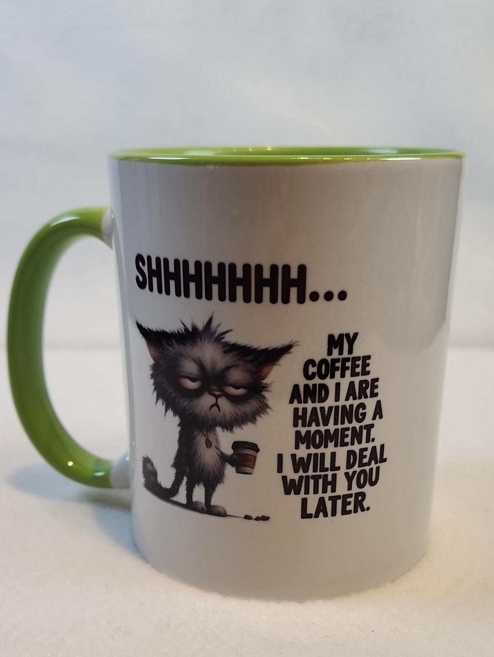 Novelty Green-Accent Coffee Mug with Grumpy Cat Graphic